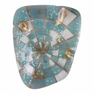 Higgins Art Glass Signed Tray Dish Plate Geometric Gold Aqua MCM Ashtray 15x12”